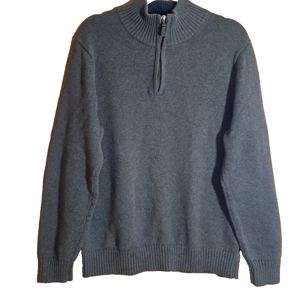 LL‎ BEAN Mens L 100% Cotton Knit Quarter Zip Sweater Gray Mock Neck Collar